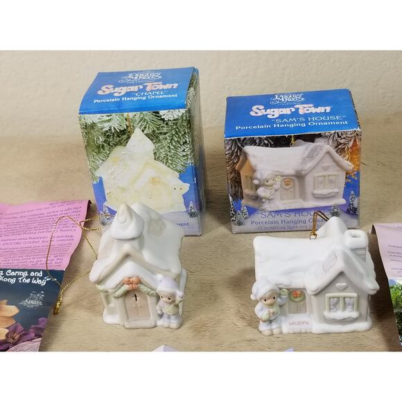 Enesco Sugar Town Chapel 1993 & Sam's House 1994 Ornament Porcelain White x2 Vtg - Picture 4 of 15